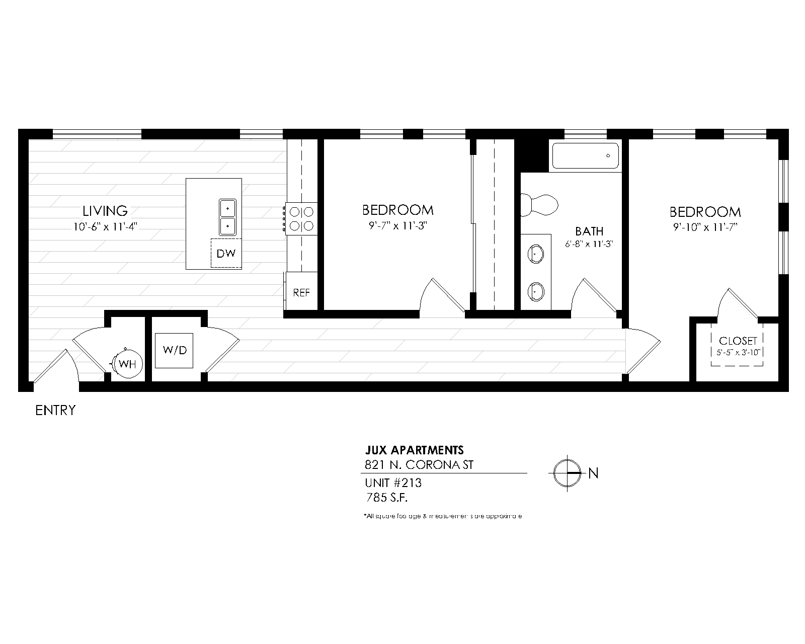 Floor plan for 2 beds, 1 bath, 785 sqft